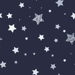 Vector seamless pattern with delicate light stars on a deep dark blue background creates an atmosphere of calm and mystery. This pattern is perfect for backgrounds, wallpapers and other design project