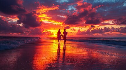 Fototapeta premium Couple Silhouettes Walking on Beach at Sunset with Dramatic Sky