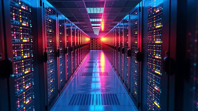 A bright and colorful data center aisle features numerous servers lined up on either side, glowing under vivid lights.