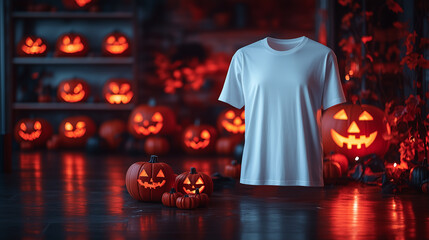 mockup of t-shirt with copy space, Halloween decorations, purple theme