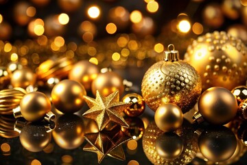 Abstract Christmas Gold Design on Black Background with Shiny Elements for Holiday Decor