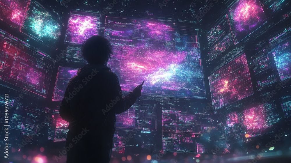 Poster a lone figure stands in a vast data center, surrounded by screens displaying complex code and glowin