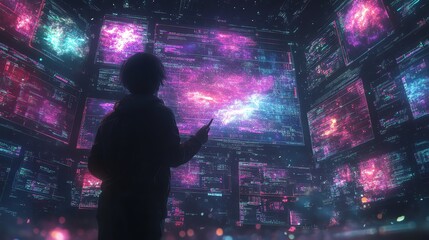 A lone figure stands in a vast data center, surrounded by screens displaying complex code and glowing with digital data.