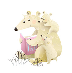 Polar bear mother reading book to her baby cubs isolated clipart for kids education. Mama bear and white baby bears study an open book. Vector cartoon clip art illustration for children.
