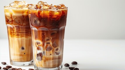 Iced coffee drinks with milk black coffee cubes ice