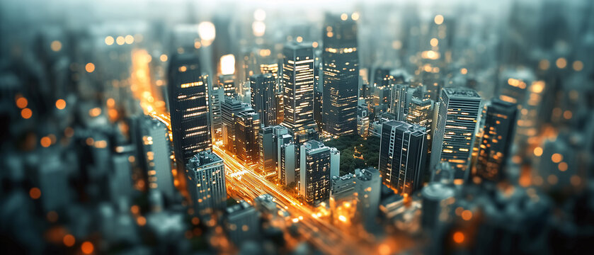 City skyline with bright lights and digital overlay