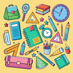A vibrant illustration of back-to-school essentials, featuring a backpack, books, pencils, a ruler, and a clock, perfect for adding a playful touch to your school-related designs.