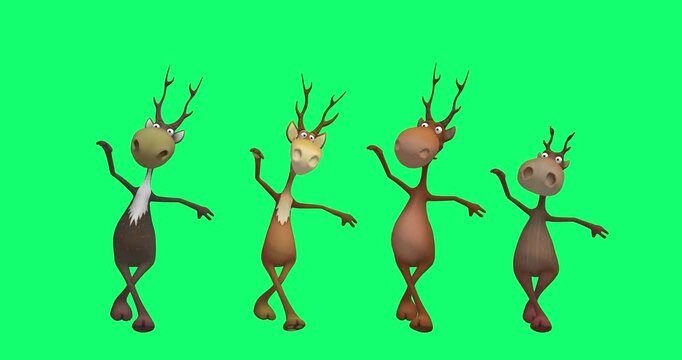 A 3D animation of four animated reindeer standing in a row, dancing, clapping, and moving rhythmically on a green screen background.
