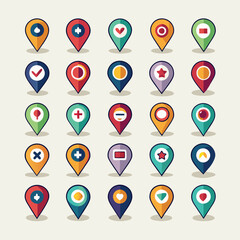 A set of 25 colorful location pin icons with various symbols and designs. These icons are perfect for maps, apps, or any design project that requires a touch of personality.