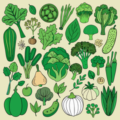 A vibrant illustration of various green vegetables, including broccoli, zucchini, and leafy greens, perfect for adding a fresh and healthy touch to your projects.