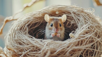 Small mouse is sitting in nest, chewing on food with bright eyes and prominent ears