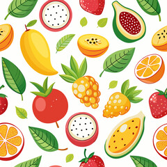 A vibrant and cheerful seamless pattern featuring a variety of fresh fruits like mangoes, dragon fruit, papaya, oranges, and strawberries, perfect for adding a touch of summery fun to your designs.