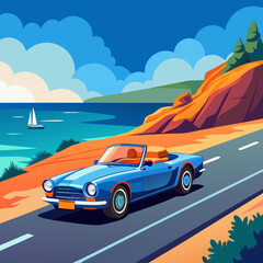 A vibrant illustration showcasing a classic convertible cruising along a scenic coastal road with the ocean and hills in the background. Ideal for travel, vacation, and summer-themed projects.