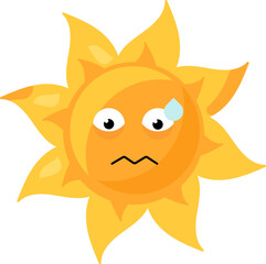 A vibrant vector illustration of anxious sun emoji in bright yellow color in a cartoon style. Bright emoticon character adds a touch of humor to messages about stressful situations or illustrating fee