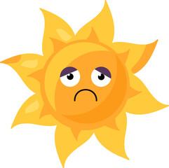 A vibrant vector illustration of stylized sun with a pensive sad face in bright yellow color in a cartoon style. Campaigns promoting mental health awareness, representing feelings of sadness, depressi