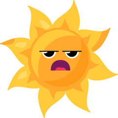 A vibrant vector illustration of stylized sun with an irritated expression in bright yellow color in a cartoon style. Bright emoticon character express frustration, anger, or sarcasm, convey playful a