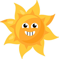 A vibrant vector illustration of stylized sun with grinning smile in bright yellow color in a cartoon style. The sun's face is friendly and inviting, radiating warmth and happiness. Bright emoticon ch