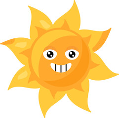 A vibrant vector illustration of stylized smiling sun in bright yellow color in a cartoon style.The simple yet expressive design captures the essence of happiness and good cheer, making it ideal for p