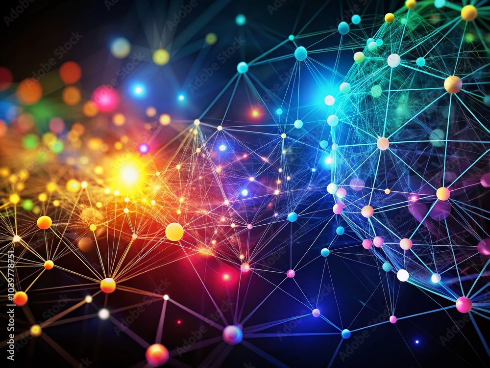 Poster abstract digital network with colorful dots on dark background - high-tech visual concept
