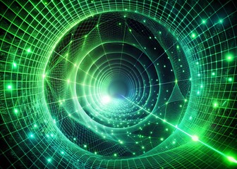 Obraz premium Abstract Dynamic Green Wireframe Tunnel with Futuristic Particle Flow in Dark Background