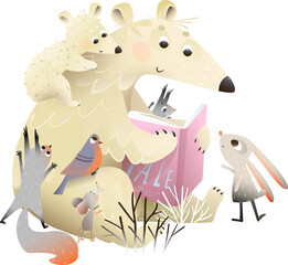 Polar bear mother reading book to her baby cubs, squirrel mouse and rabbit in winter. Mama bear and baby forest animals study an open book. Vector cartoon clip art illustration for children school.