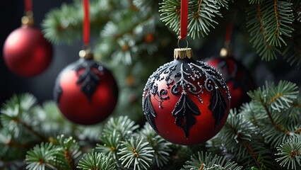 Elegant Red Christmas Ornaments on Evergreen Branches
