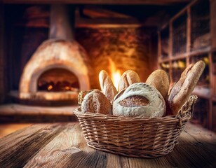 Barras de pan rustico en una cesta de mimbre grande, en una mesa de madera rustica © Argiduna