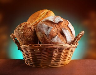 Barras de pan rustico en una cesta de mimbre grande, en una mesa de madera rustica