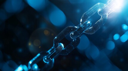 Close-up of a metallic chain link in blue light, showcasing details and reflections for a technological or industrial theme.
