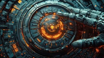 Fototapeta premium Futuristic AI Robotics Concept Cyborg Hand Reaching for Glowing Core