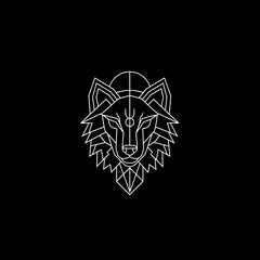 Geometric wolf head design in white lines on black background.