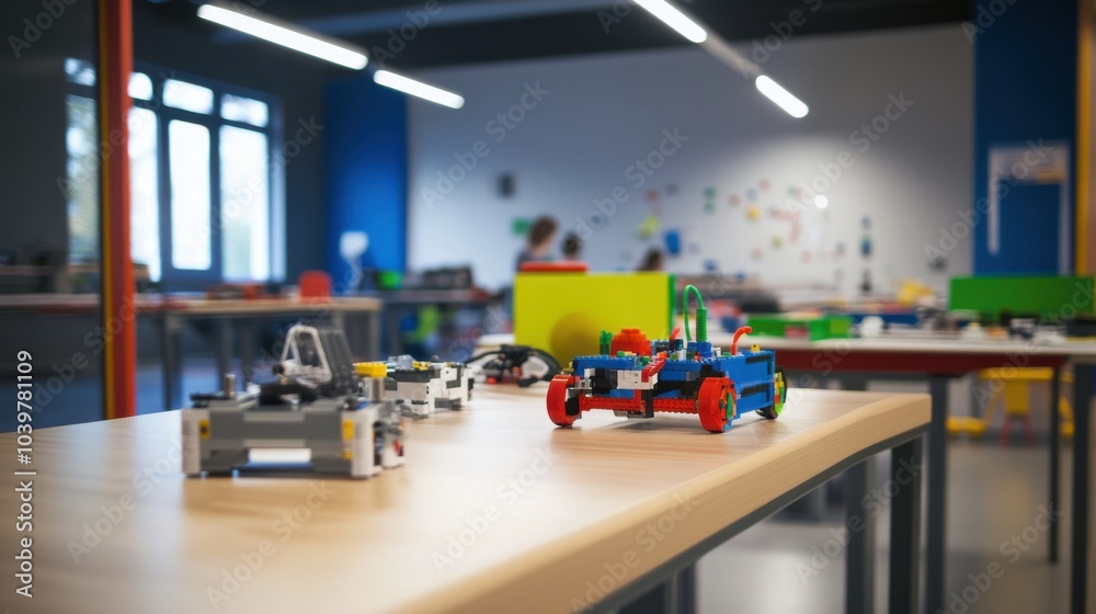 Poster An educational robotics lab with students programming robots constructed from blocks, Blocks integrated into educational robotics projects, STEM education style