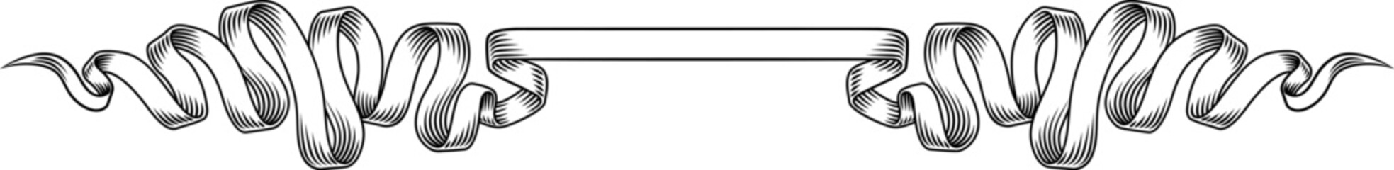 A ribbon scroll parchment banner in a vintage woodcut etching style