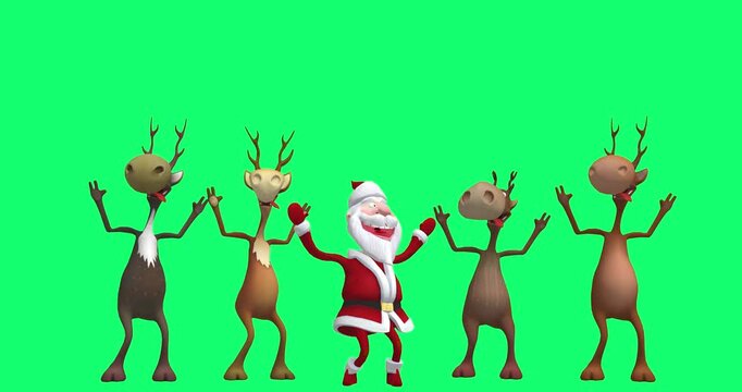 A 3D animation of Santa Claus and four reindeer joyfully dance together against a green screen background.