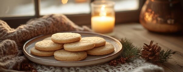 Festive holiday cookies arranged on a neutral plate with a warm cozy setting and soft lighting in earthy tones creating a comforting and atmospheric scene