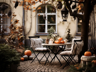 Garden decorated for halloween and fall. Fall garden decor with pumpkins, lanterns and wreaths
