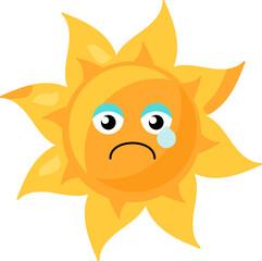 A vibrant vector illustration of stylized sun with a melancholic crying face in bright yellow color in a cartoon style. Campaigns promoting mental health awareness, representing feelings of sadness, d
