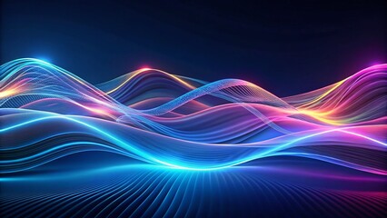 Abstract Glowing Wave Lines on Dark Blue Background - Modern Futuristic Technology Design for Banners and Flyers