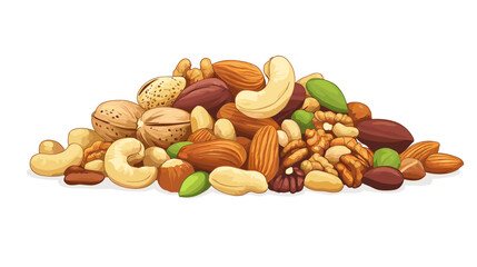 Vector illustration of a pile of different nuts includes cashew, walnuts, macadamia, brazil nut, pecan, hazelnut, peanut, pistachios, nutmeg, pine nuts, almonds