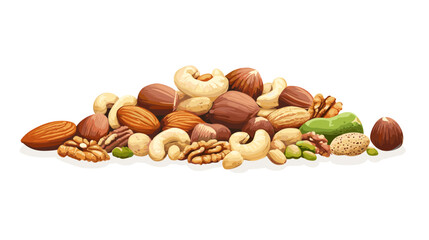 Vector illustration of a pile of different nuts includes cashew, walnuts, macadamia, brazil nut, pecan, hazelnut, peanut, pistachios, nutmeg, pine nuts, almonds