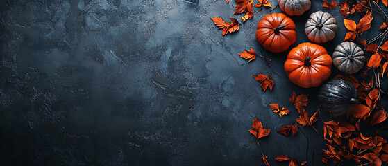 Autumnal Pumpkins and Leaves on Dark Blue Background for Thanksgiving or Halloween Decorations, Autumnal Pumpkins and Leaves on Dark Blue Background for Thanksg