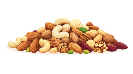 Vector illustration of a pile of different nuts includes cashew, walnuts, macadamia, brazil nut, pecan, hazelnut, peanut, pistachios, nutmeg, pine nuts, almonds