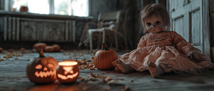 Spooky Halloween Doll with Pumpkins and JackOLanterns in an Abandoned House, Spooky Halloween Doll with Pumpkins and JackOLanterns in an Aban