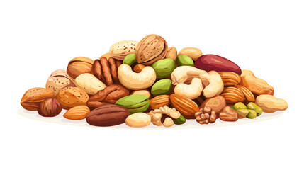 Vector illustration of a pile of different nuts includes cashew, walnuts, macadamia, brazil nut, pecan, hazelnut, peanut, pistachios, nutmeg, pine nuts, almonds