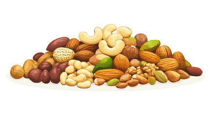 Vector illustration of a pile of different nuts includes cashew, walnuts, macadamia, brazil nut, pecan, hazelnut, peanut, pistachios, nutmeg, pine nuts, almonds