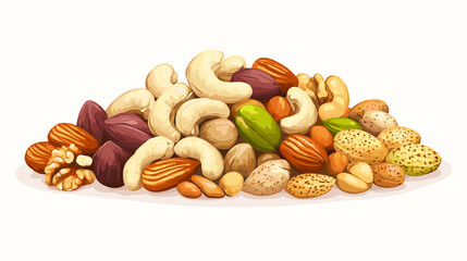 Vector illustration of a pile of different nuts includes cashew, walnuts, macadamia, brazil nut, pecan, hazelnut, peanut, pistachios, nutmeg, pine nuts, almonds