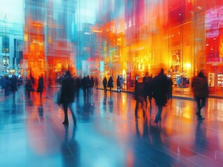 Obraz premium blurred view of a modern shopping mall bustling with shoppers, their movements creating an abstract motion blur, reflecting the energetic atmosphere of contemporary consumerism and lifestyle