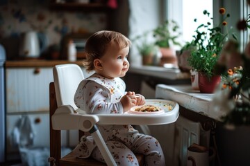 Baby girl sitting on high chair furniture eating innocence.