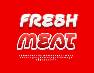 Vector modern flyer Fresh Meat. Bright White and Red Font. Artistic Alphabet Letters and Numbers set.