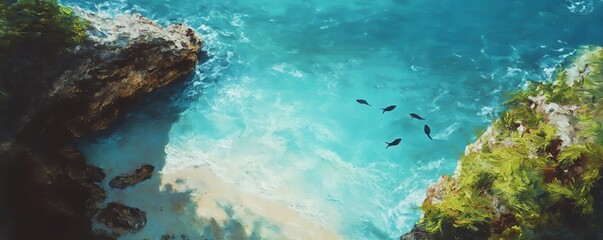 Aerial view of a pristine beach with turquoise water, white sand, and lush greenery.